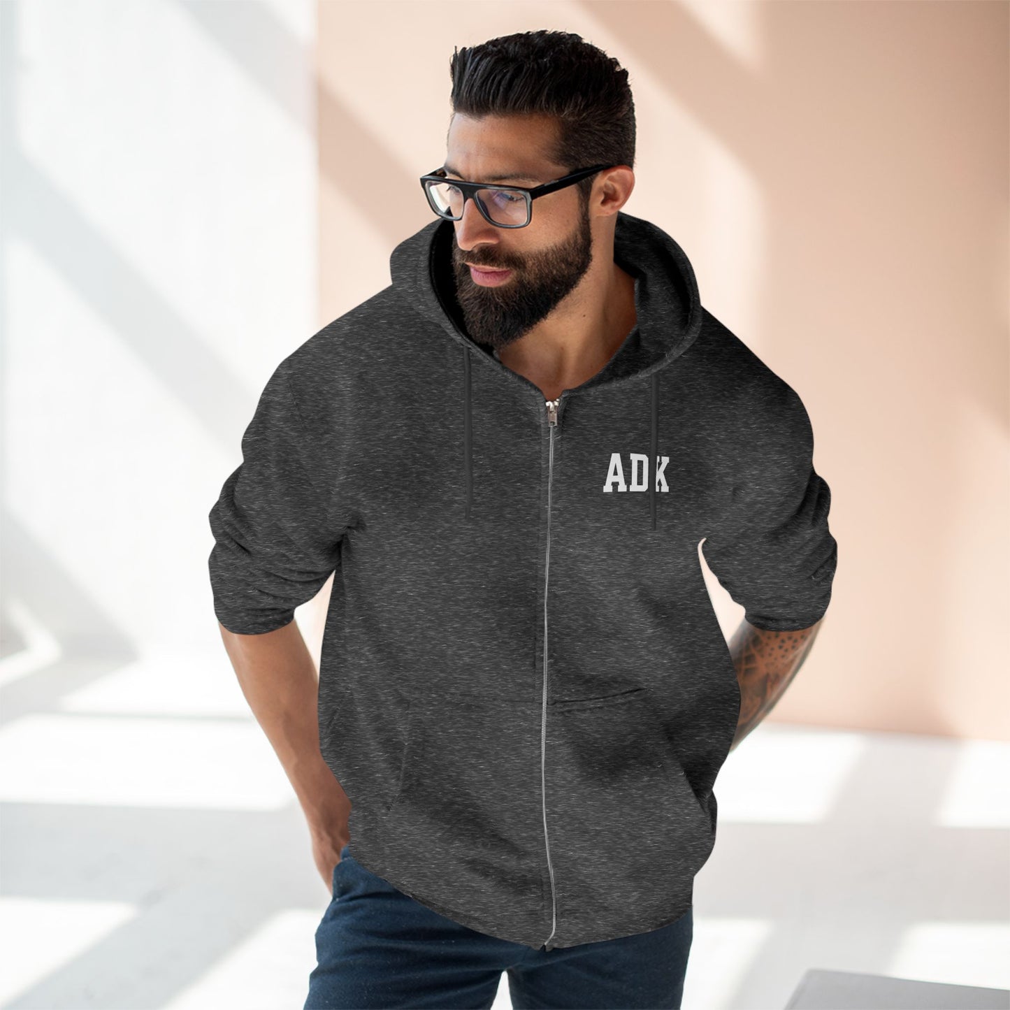 ADK Unisex Zip Hoodie- white print Lane Seven