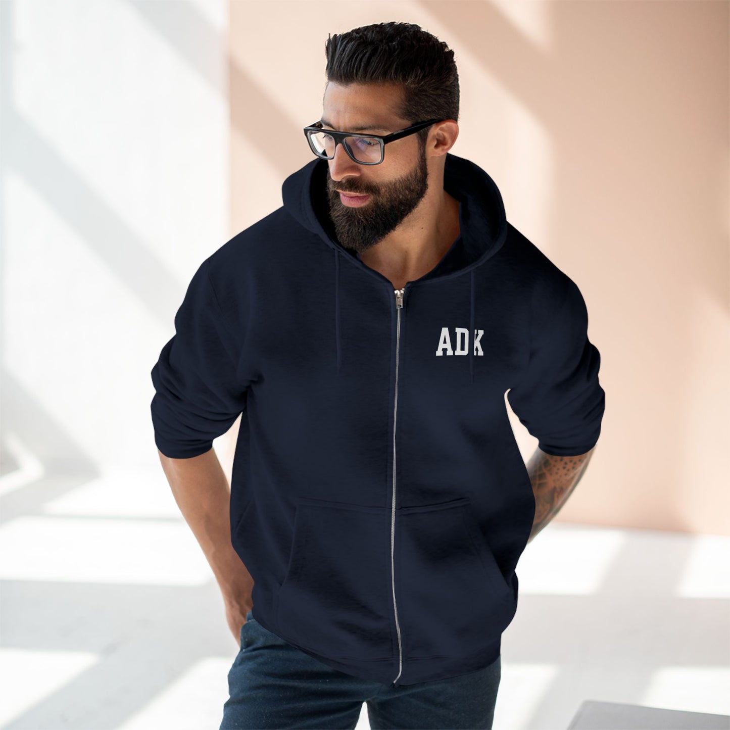 ADK Unisex Zip Hoodie- white print Lane Seven