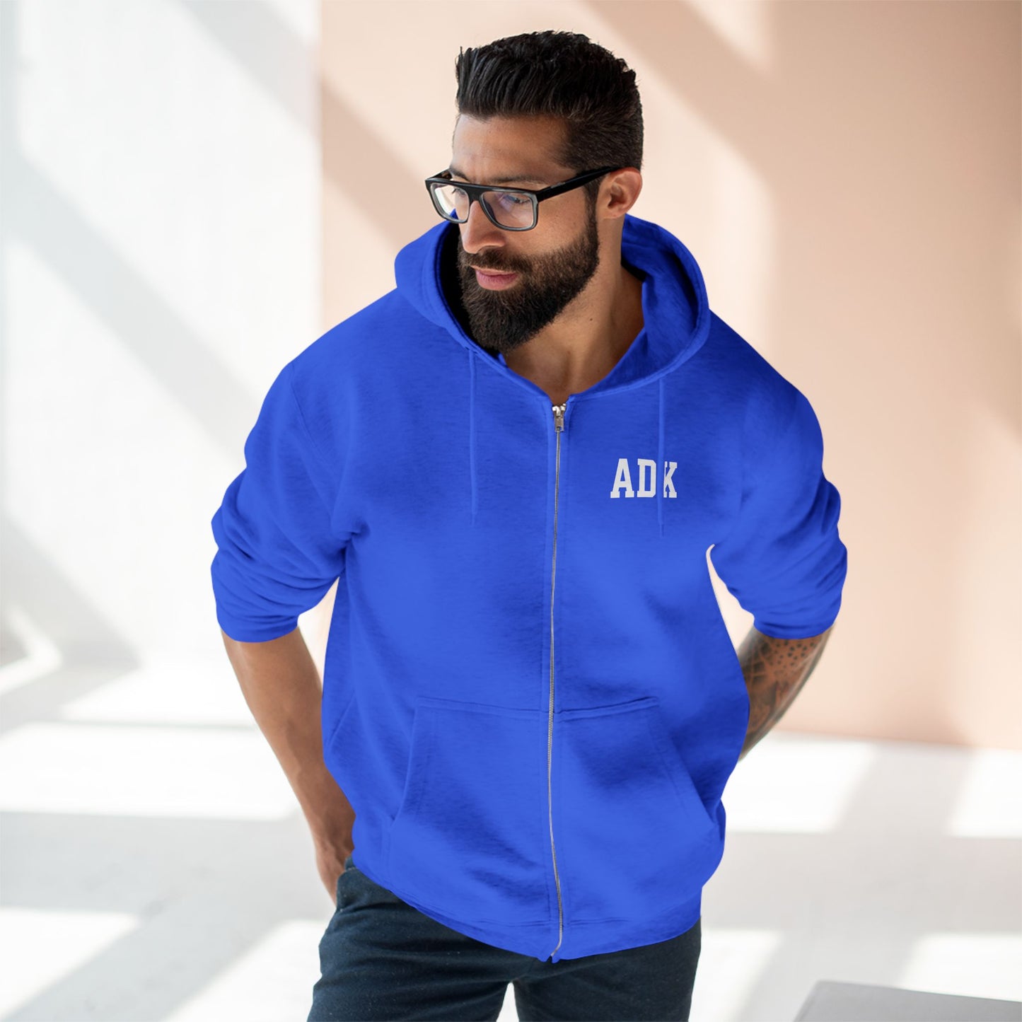 ADK Unisex Zip Hoodie- white print Lane Seven