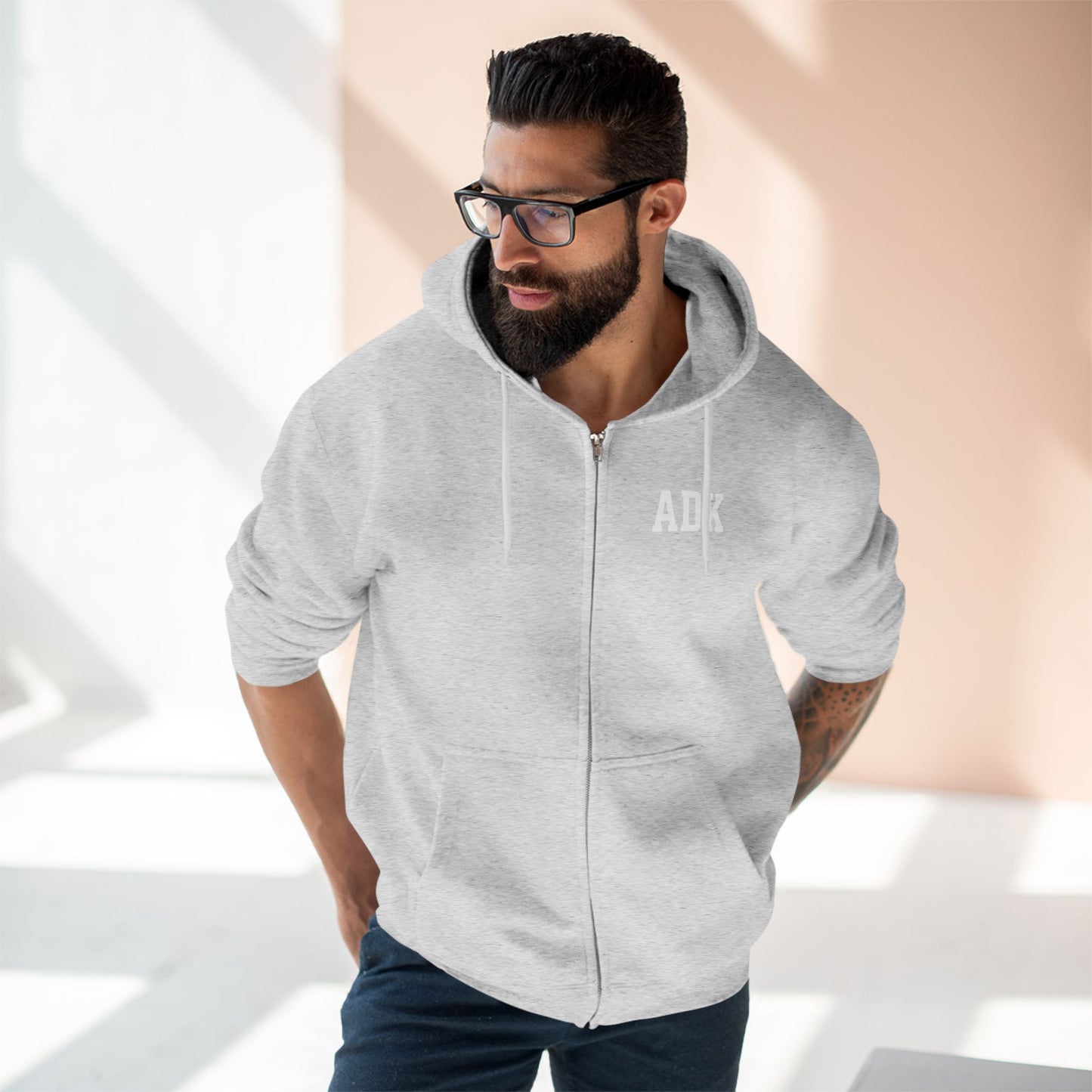 ADK Unisex Zip Hoodie- white print Lane Seven