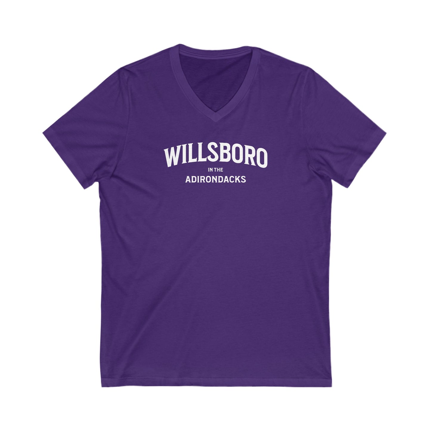 WILLSBORO in the ADKs- white print V-Neck Tee, Unisex