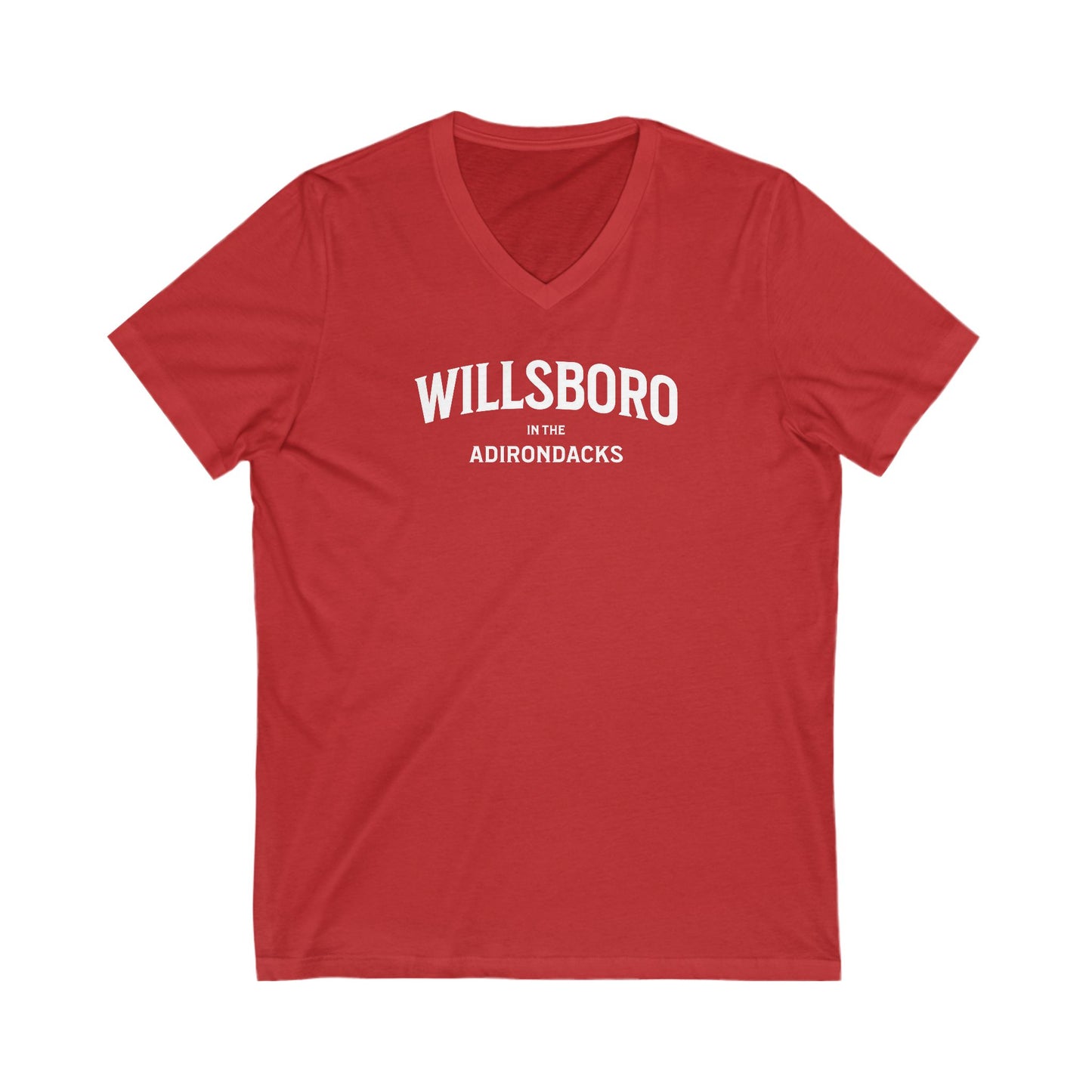 WILLSBORO in the ADKs- white print V-Neck Tee, Unisex