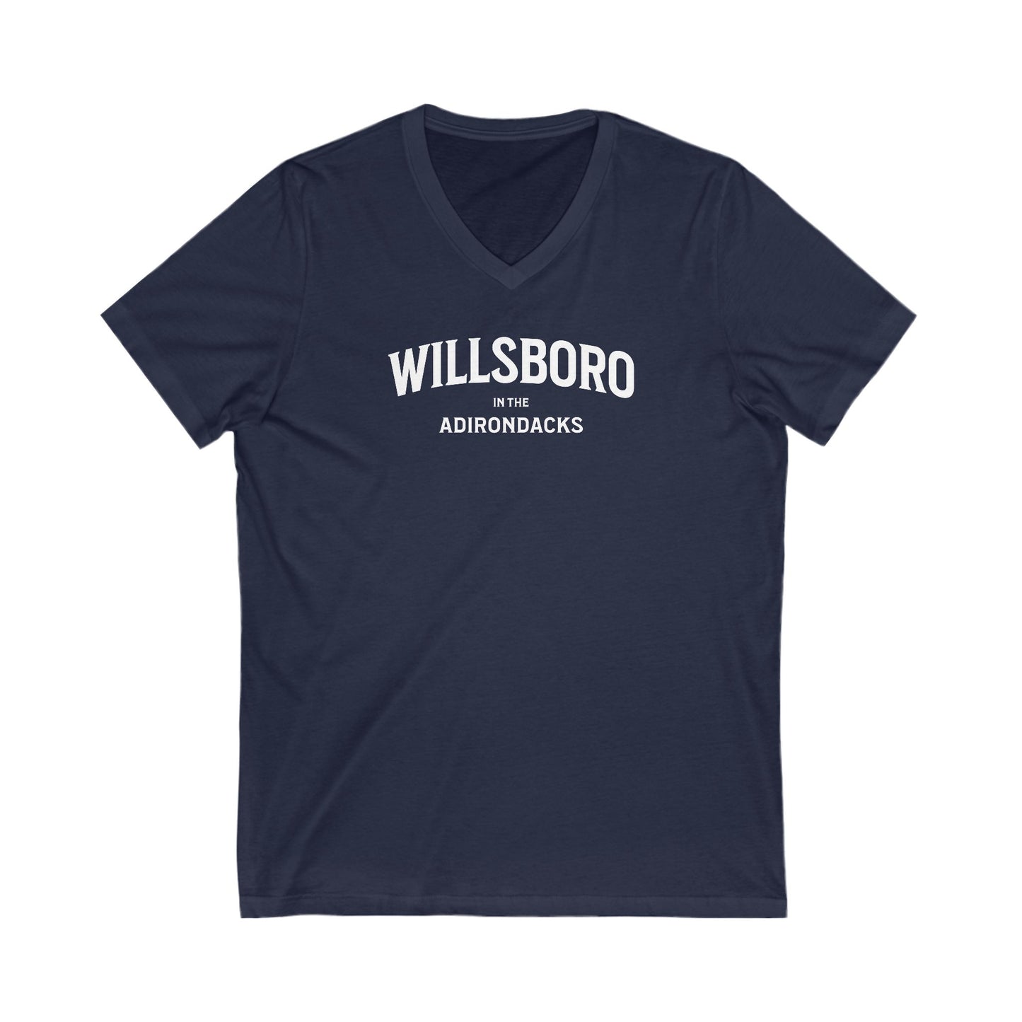 WILLSBORO in the ADKs- white print V-Neck Tee, Unisex