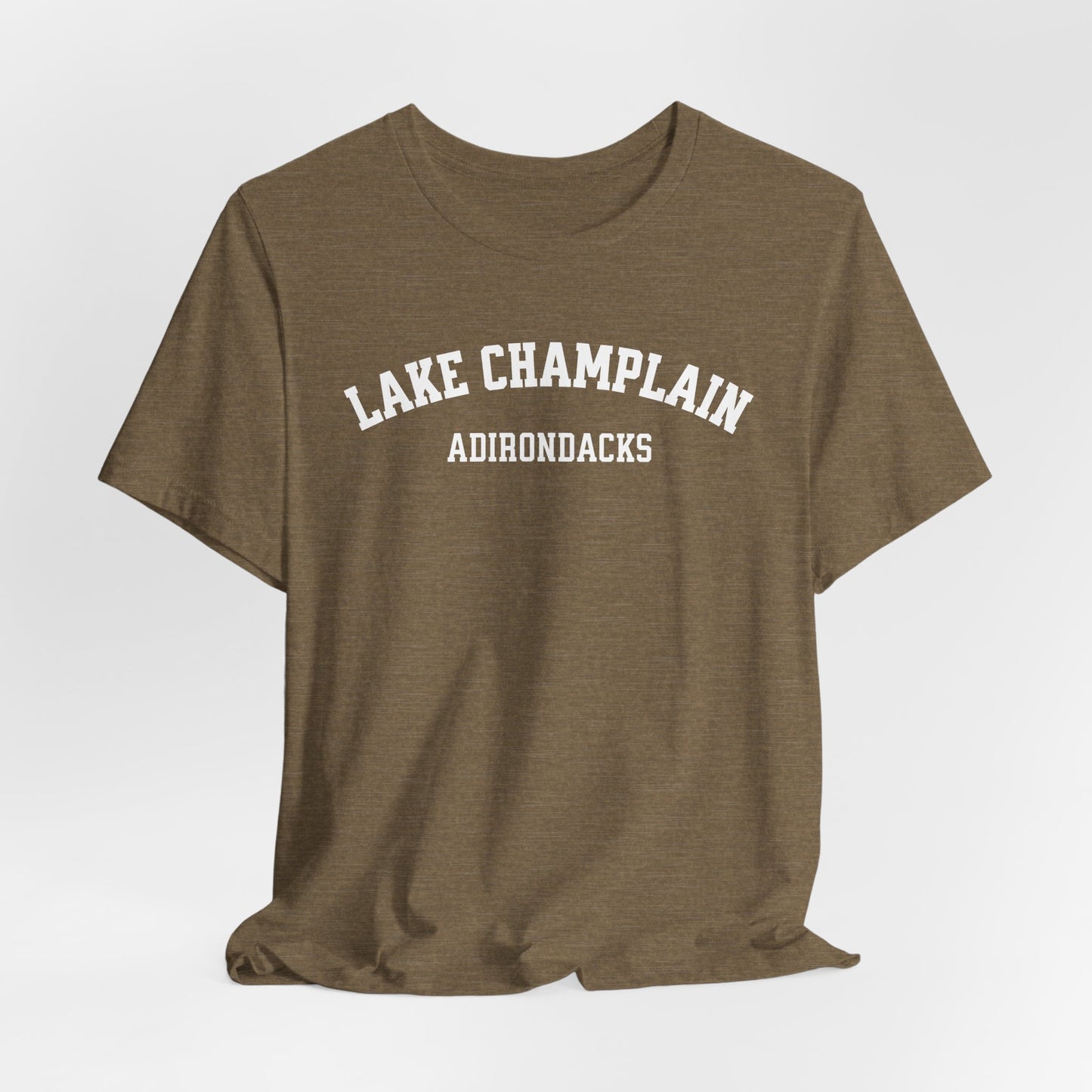 LAKE CHAMPLAIN ADKs- white print Bella Canva Short Sleeve Tee