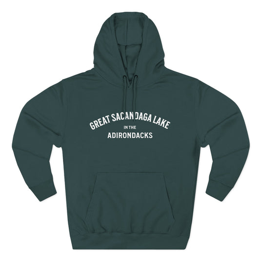 GREAT SACANDAGA  ADKS- white print Lane Seven Fleece Hoodie