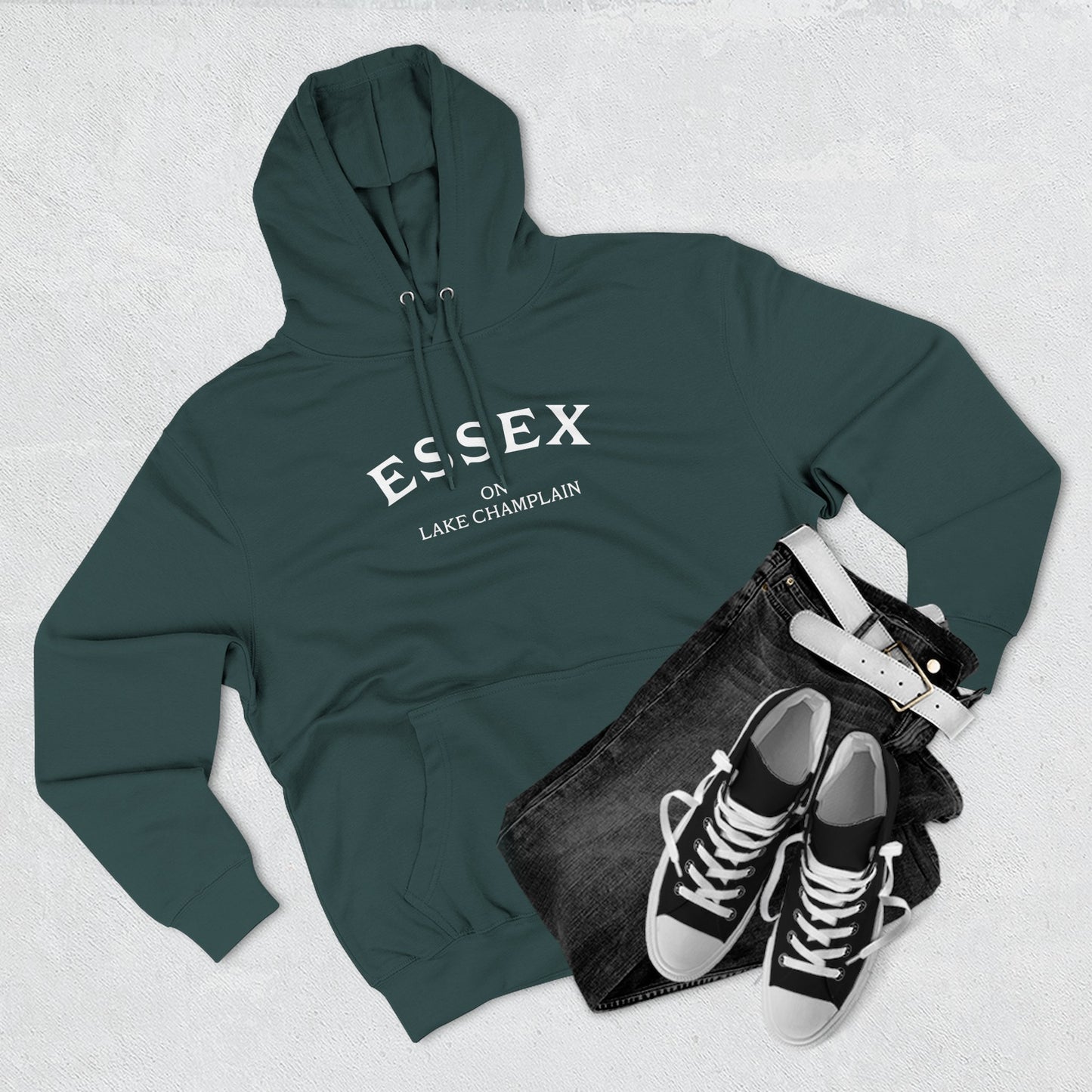 ESSEX on Lake Champlain- white print Lane Seven Fleece Hoodie