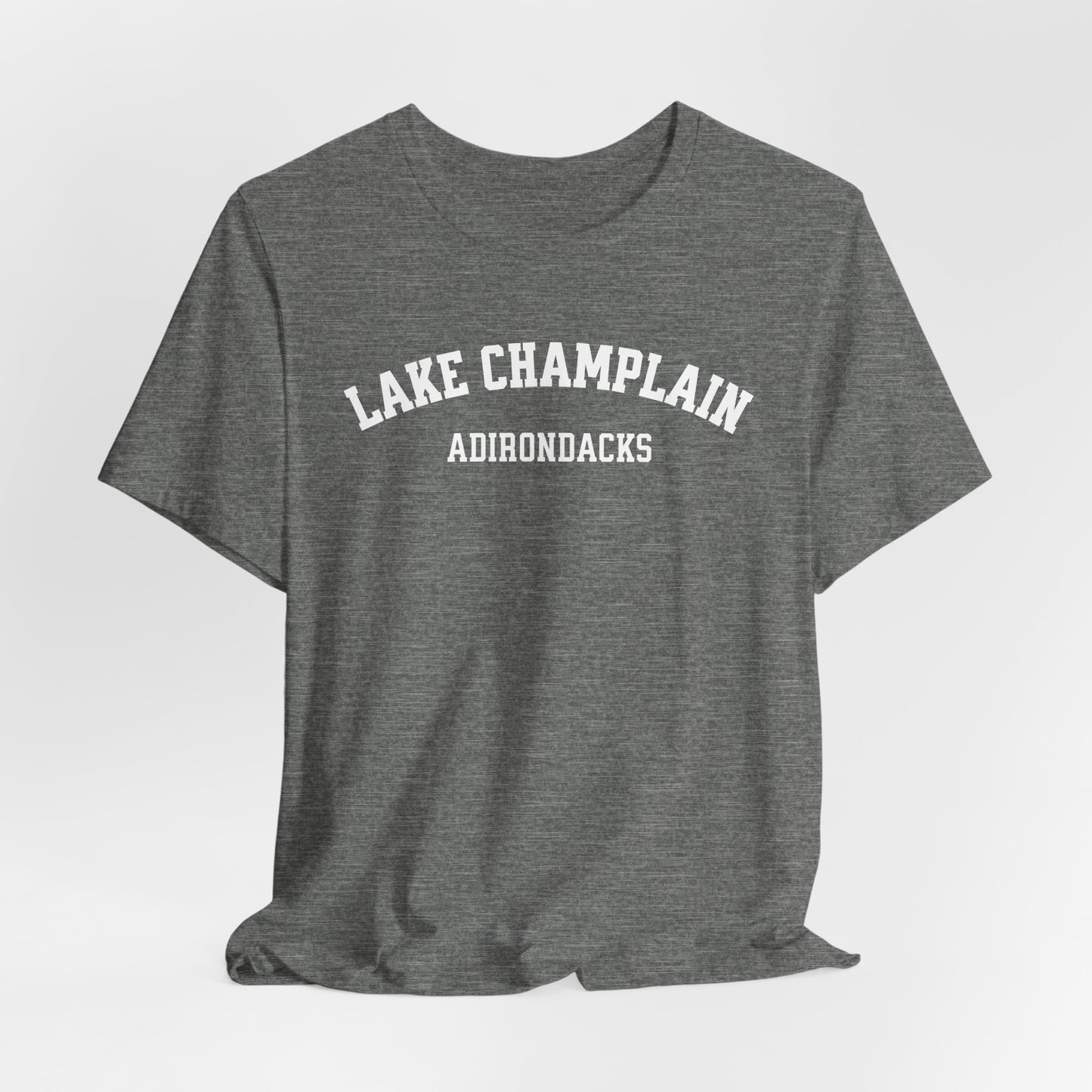 LAKE CHAMPLAIN ADKs- white print Bella Canva Short Sleeve Tee
