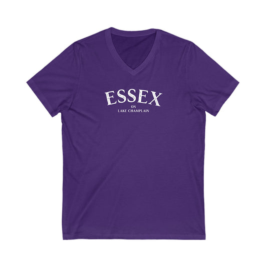 Essex in Lake Champlainp white print V-Neck Tee, Unisex