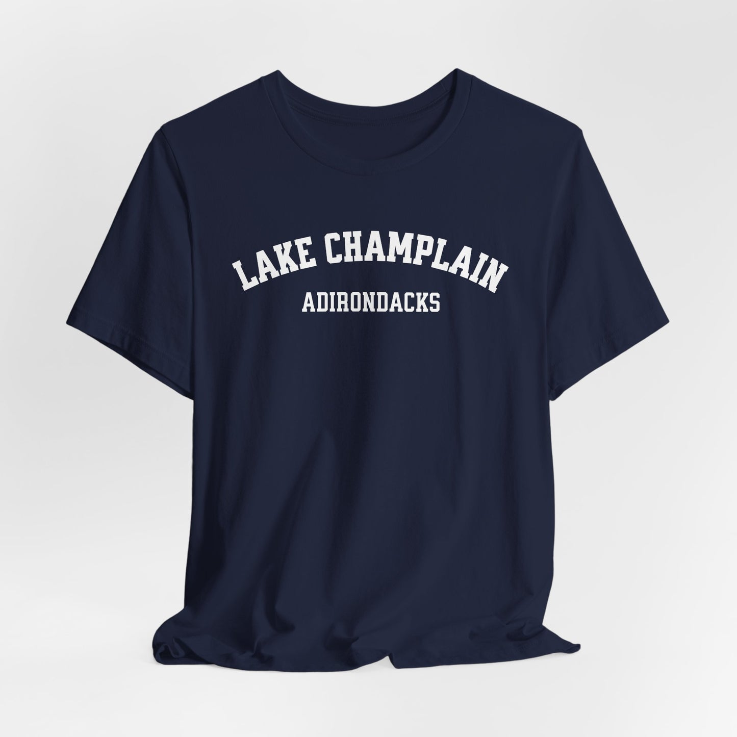 LAKE CHAMPLAIN ADKs- white print Bella Canva Short Sleeve Tee