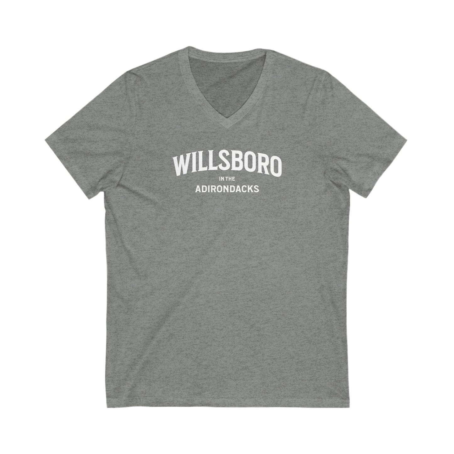 WILLSBORO in the ADKs- white print V-Neck Tee, Unisex