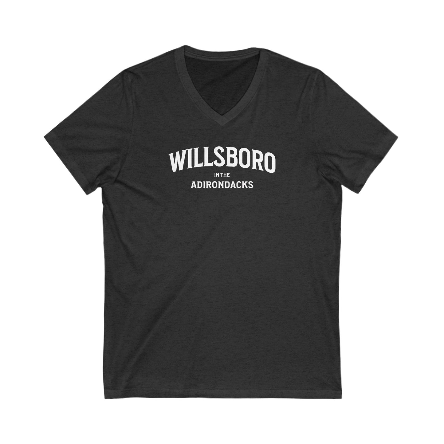 WILLSBORO in the ADKs- white print V-Neck Tee, Unisex