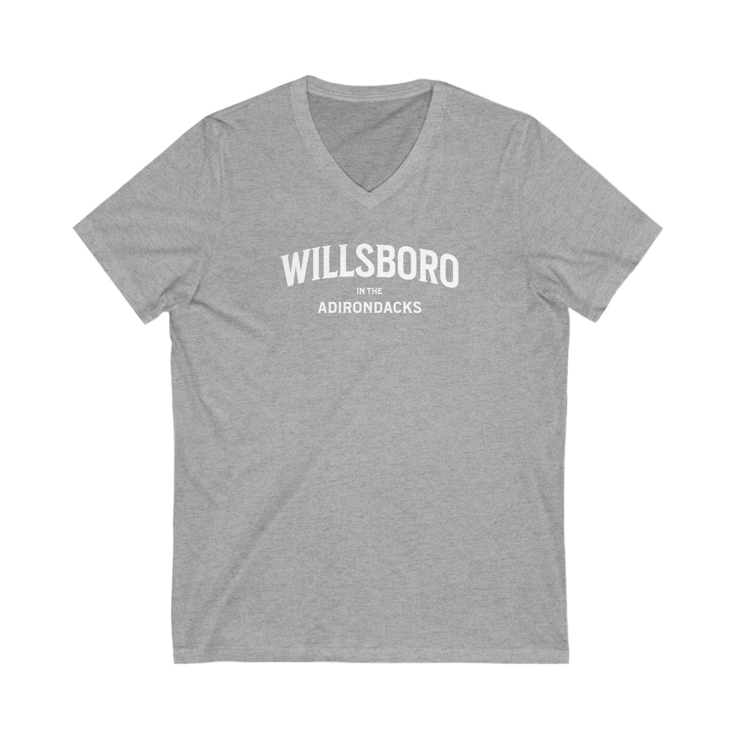 WILLSBORO in the ADKs- white print V-Neck Tee, Unisex