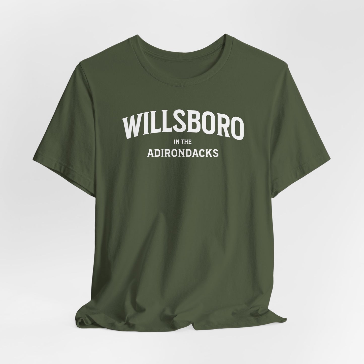 WILLSBORO in ADKs- white print Bella Canva Short Sleeve Tee