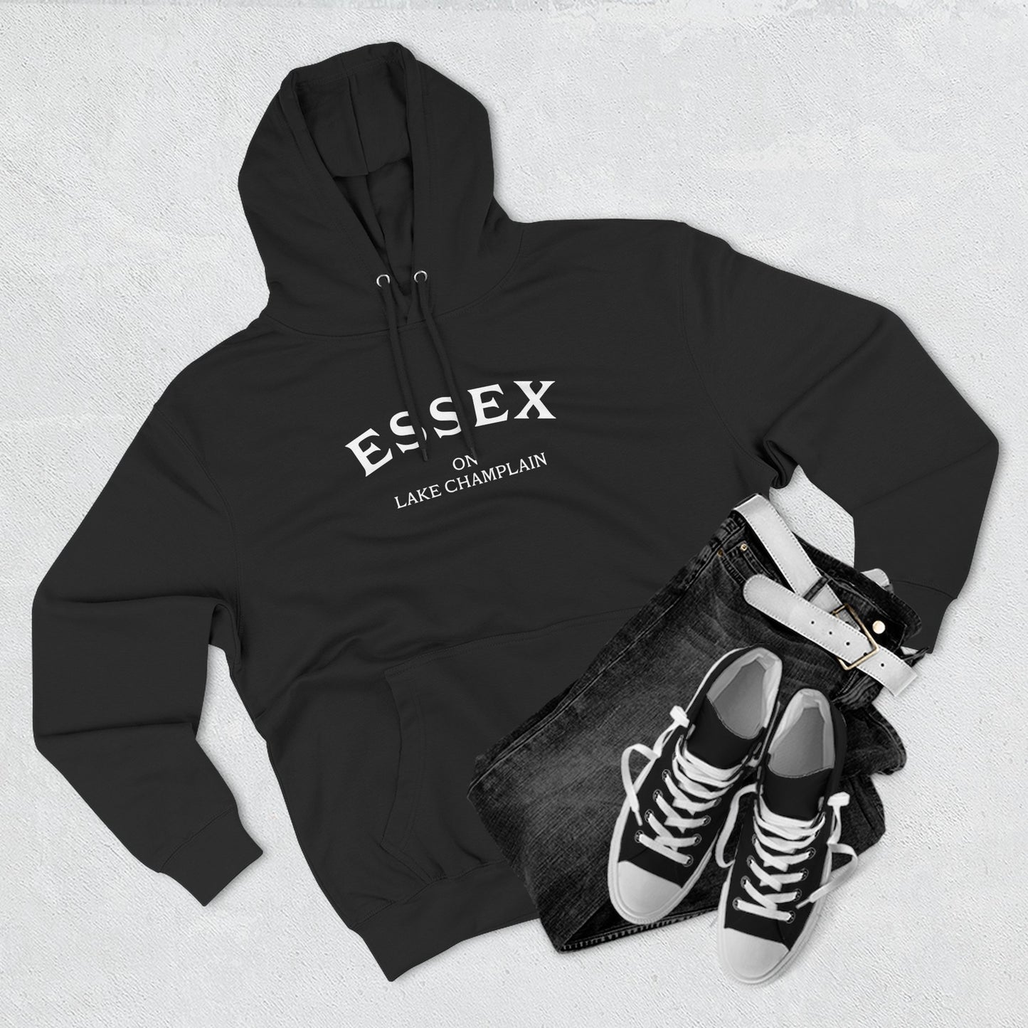 ESSEX on Lake Champlain- white print Lane Seven Fleece Hoodie