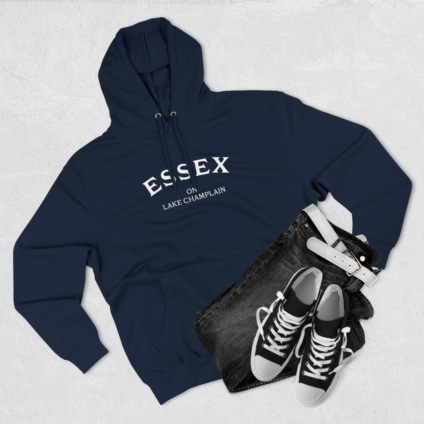 ESSEX on Lake Champlain- white print Lane Seven Fleece Hoodie